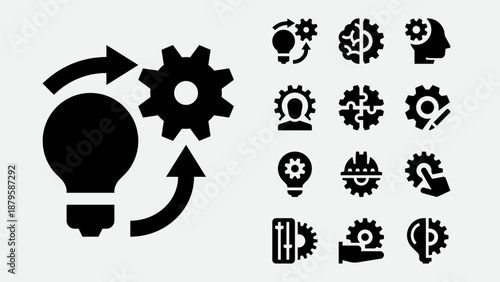 Idea implementation and startup process icons set
