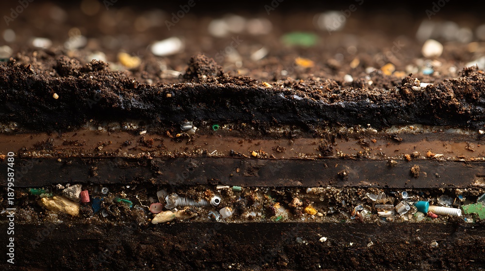 Fototapeta premium Close up of layered soil with organic debris.