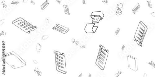 Abstract pattern of electronic components and devices on a white background