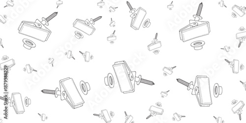 Seamless pattern of vintage sewing machine parts and needles on white background