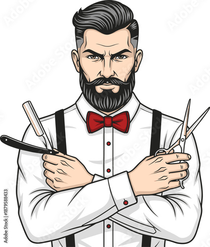 Barber illustration with scissors, stylish man grooming tools, bearded hairstylist art, vintage barber fashion, professional grooming character design