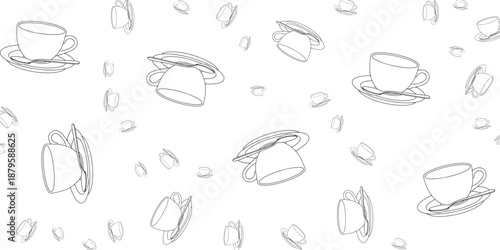 Seamless pattern of line art coffee cups and saucers floating with subtle background elements