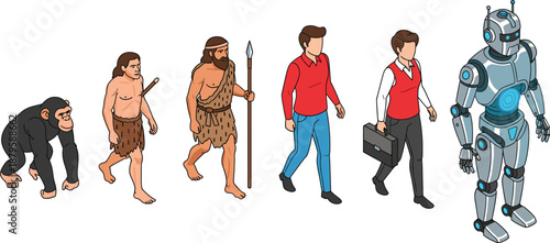 Chimpanzee evolution, early hominid spear, primitive clothing, modern human progress, humanoid robot future, artificial intelligence evolution, technological advancement illustration