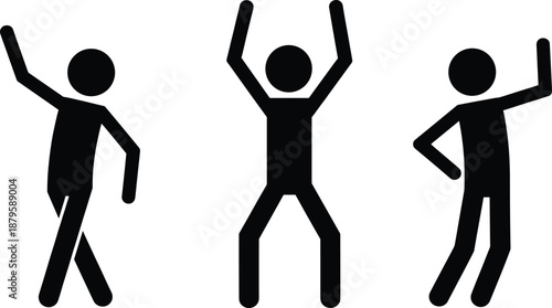Stick figure dance poses, black silhouette dancers, cartoon dance icons, celebratory movement illustration, abstract dancing figures, modern dance art