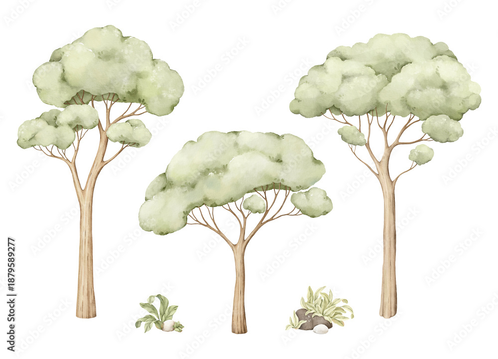 Fototapeta premium Watercolor green trees, drawing perfect set for childish cartoon wallpaper, mural kids room, cards, posters or cover. Isolated illustration of cute design elements will become source inspiration.