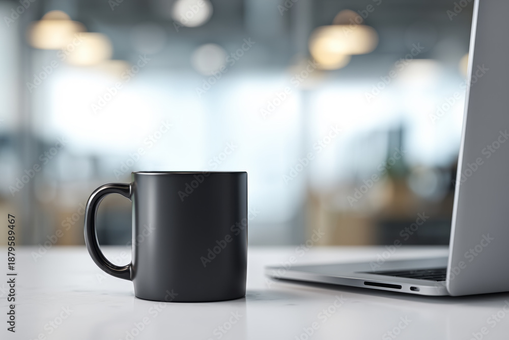 Fototapeta premium A black ceramic mug stands on a white table next to a silver laptop against a blurry background of a modern office