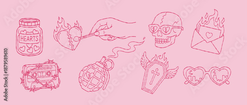 Edgy Y2K anti valentine hand drawn vector line art set with skull bomb and burning heart for boho aesthetic grunge wall art illustration print