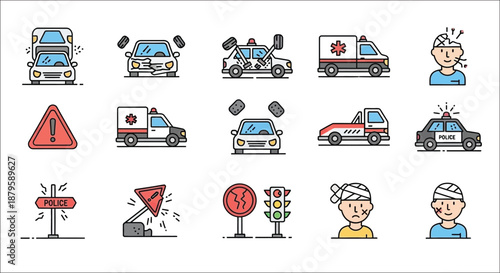 Emergency services and accident related icons in a colorful outlined style