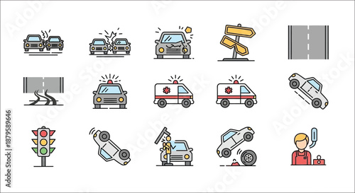 editable stroke line icons of vehicles and traffic signs