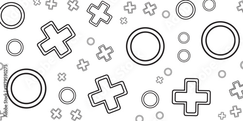 Abstract geometric shapes, circles and plus signs, monochrome graphic background