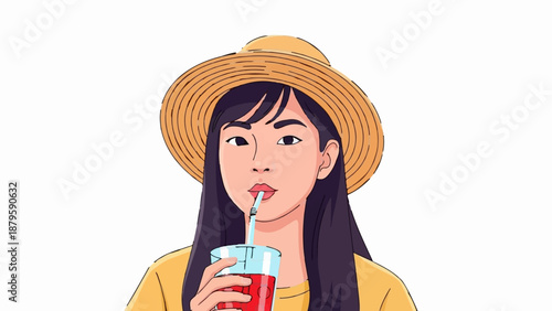 Young woman in straw hat sips red drink from plastic cup with straw