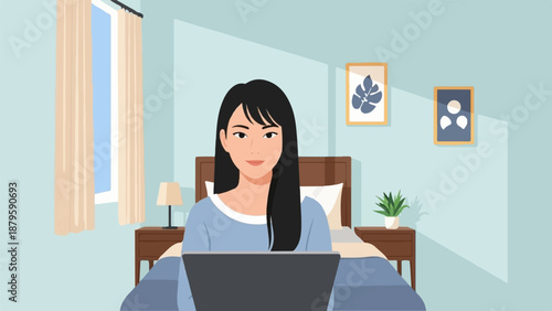 Young woman working on a laptop from bed with a window and decor