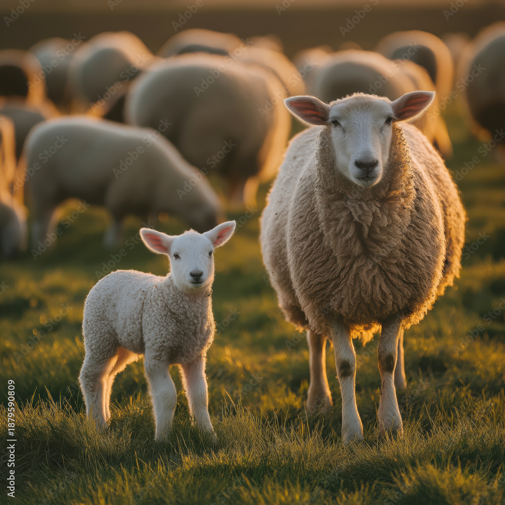 Obraz premium a small white lamb standing next to its mother in the field, 