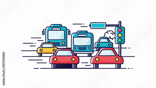 Traffic jam with cars and buses at a signal