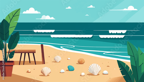 Tranquil beach scene with gentle waves, seashells, a table, and lush green plants under a blue sky