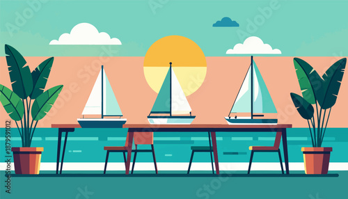 Tropical balcony scene with sailboats and large plants under a sunset sky