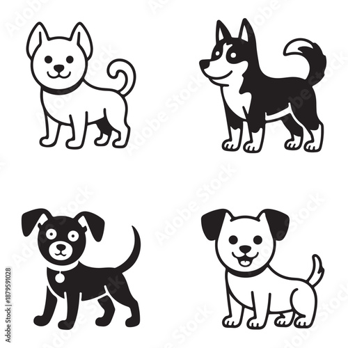 Cute Dog Icons Set Cartoon Puppy Silhouettes and Line Art Pet Illustrations