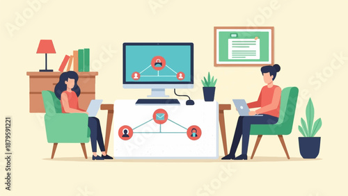 Two individuals working remotely from comfortable chairs with laptops, connected digitally