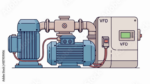 Two industrial pumps with a control unit are connected by pipes, wires and hoses