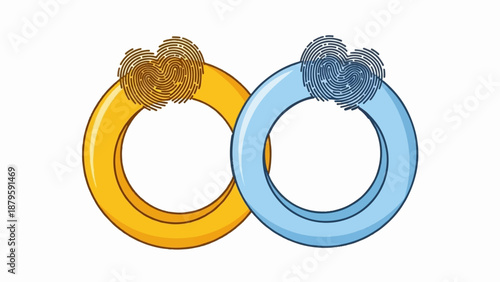 Two interlocked rings, one gold, one blue, topped with fingerprint hearts