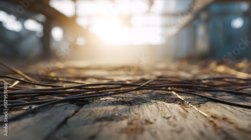 Close up of tangled wires on a dusty wooden floor with soft sunlight streaming through a blurred industrial interior