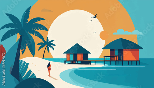 Tropical beach with bungalows, palm trees, and a person walking towards the ocean