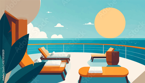 Tropical cruise deck with lounge chairs, ocean, and large sun