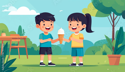 Two joyful children share an ice cream cone on a sunny day in a park setting