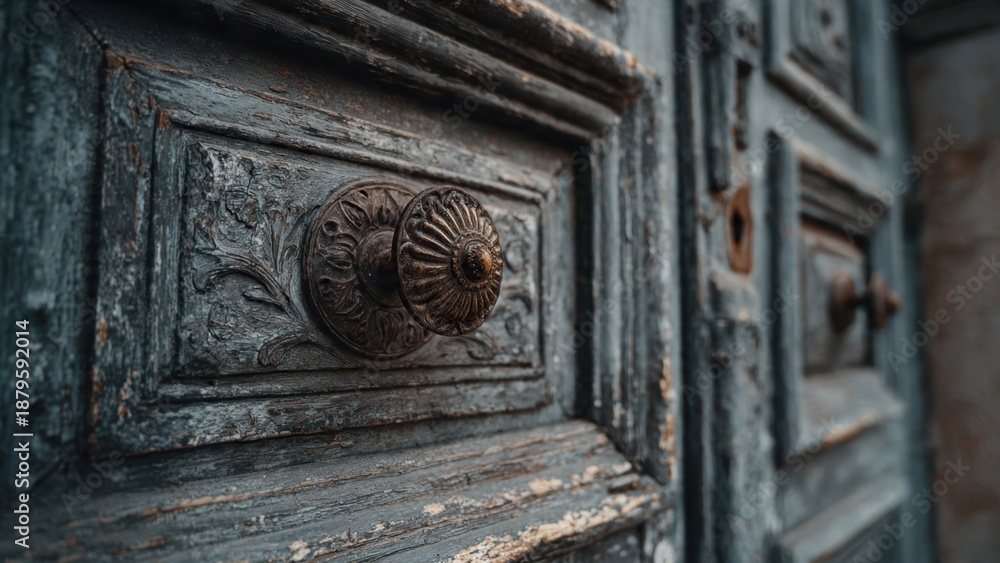 Naklejka premium Ornate Antique Wooden Door Detail
