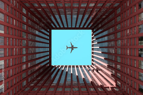 Airplane flying over modern skyscrapers in a blue sky