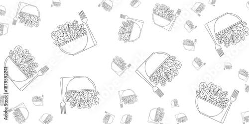 Seamless pattern of fresh green salad with healthy ingredients on white background illustration