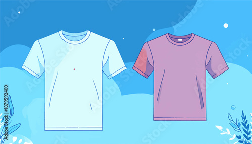 Two t-shirts, one light blue and one lavender, presented in a flat, illustrative style against a blue gradient
