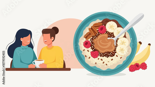 Two people enjoying breakfast with a nutritious bowl of oatmeal topped with fruits and nuts