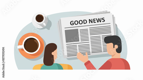 Two people enjoying coffee and reading the "GOOD NEWS" newspaper together