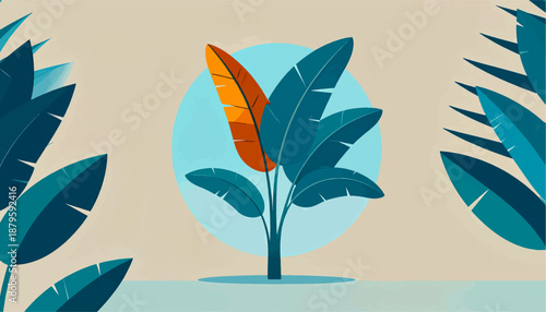 Tropical plant with orange leaf, blue circle, and teal foliage on beige background