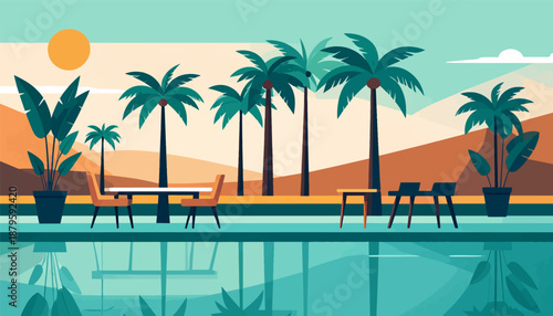 Tropical resort poolside with palm trees and seating under a hazy sun