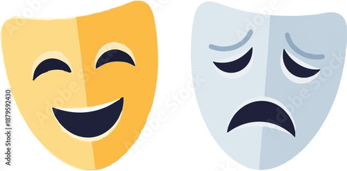 Two theatrical masks, one displaying a happy face and the other a sad face, presented side by side