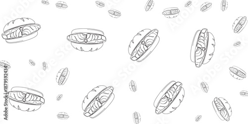 Simple seamless pattern with hot dogs and buns, repeating food illustration for backgrounds