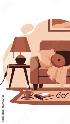 Cozy living room with a comfortable couch, lamp, and coffee cup on a side table