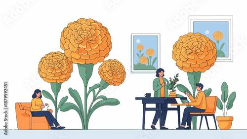 Two people enjoying indoor leisure time with giant orange flowers and art on walls