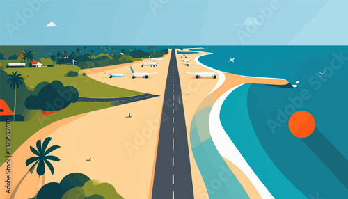 Tropical island airport with planes by the sea, lush green hills, and a sunset