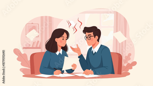 Two people in a disagreement, one gestures emphatically while the other looks down