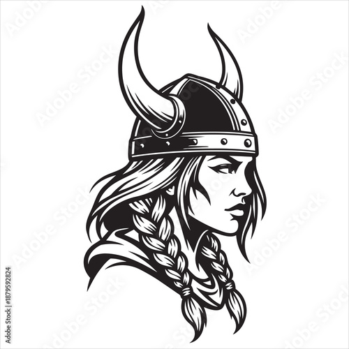 A side view of the Viking woman., bull in a red suit, roman soldier with helmet and mask