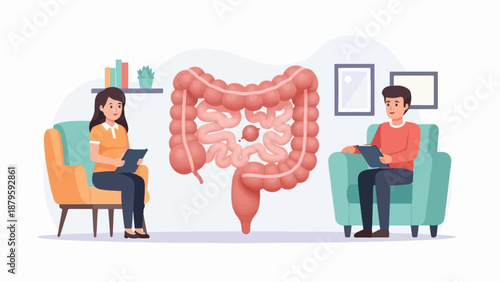 Two people in an office setting discussing a large illustration of intestines