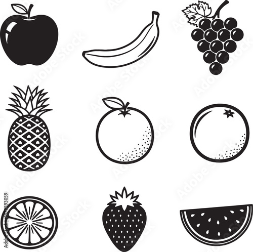 Variety of fresh fruit icons in black and white