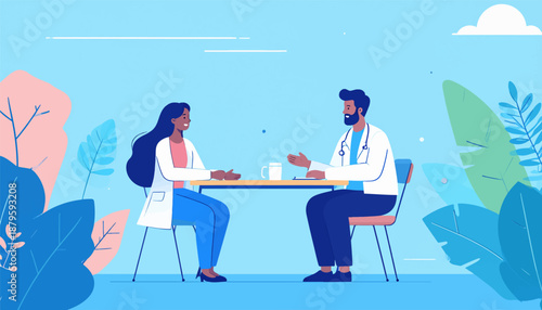 Two medical professionals in lighthearted conversation amidst lush foliage and a clear blue sky