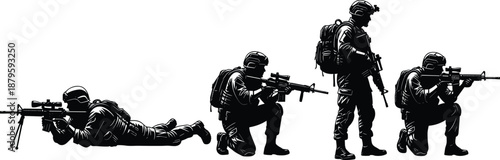 Special forces soldiers silhouette tactical combat shooting positions illustration armed military team aiming stances vector isolated on white background defense design