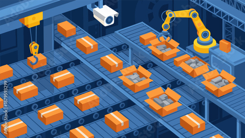 Isometric vector illustration of an automated factory production line with robotic arms and conveyor belts