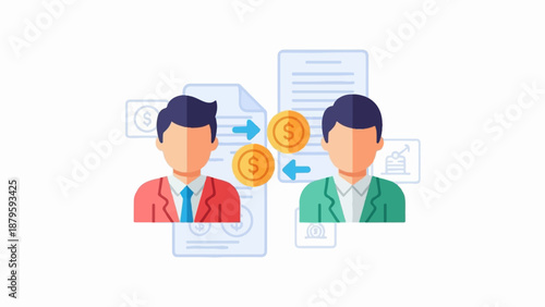 Two people in suits exchange coins and documents indicating financial transaction