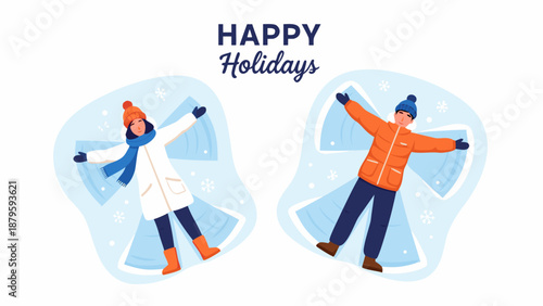 Happy Holidays vector illustration of two people making snow angels with snowflakes and winter theme